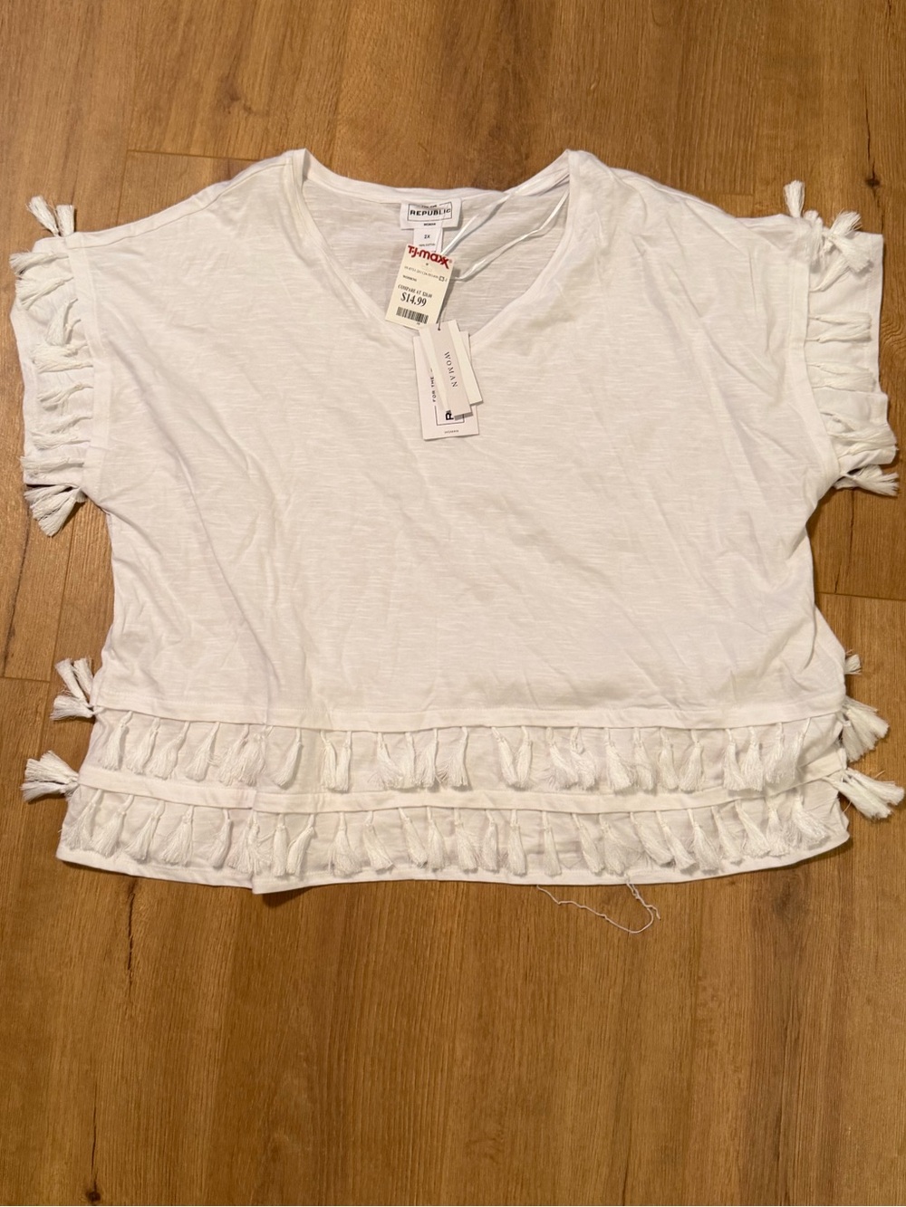 For The Republic White Tassel Trim Short Sleeve Tee